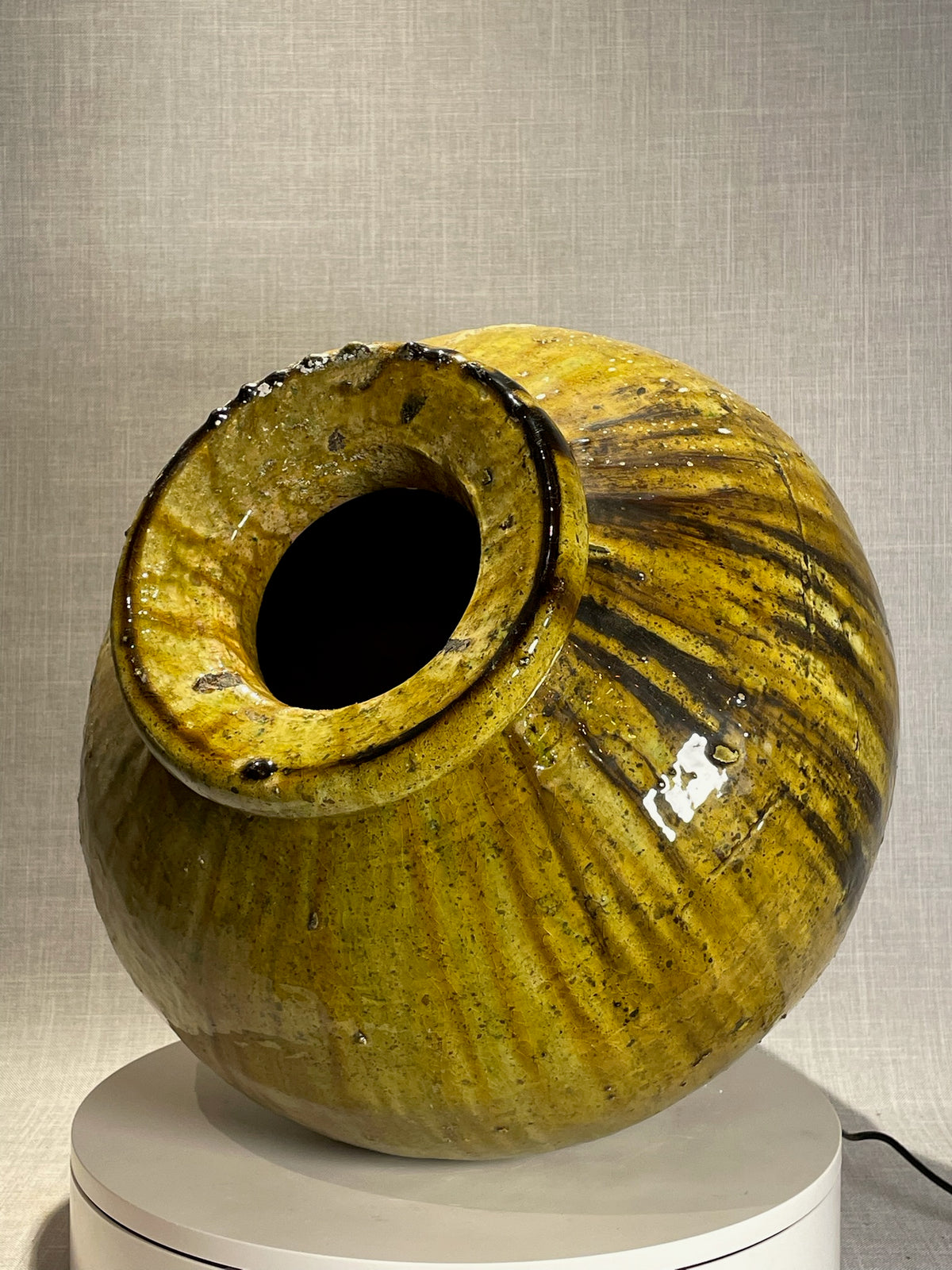 Antique Mediterranean Green and Ochre Glazed Terracotta Storage Jar with Natural Drip Glaze Patina