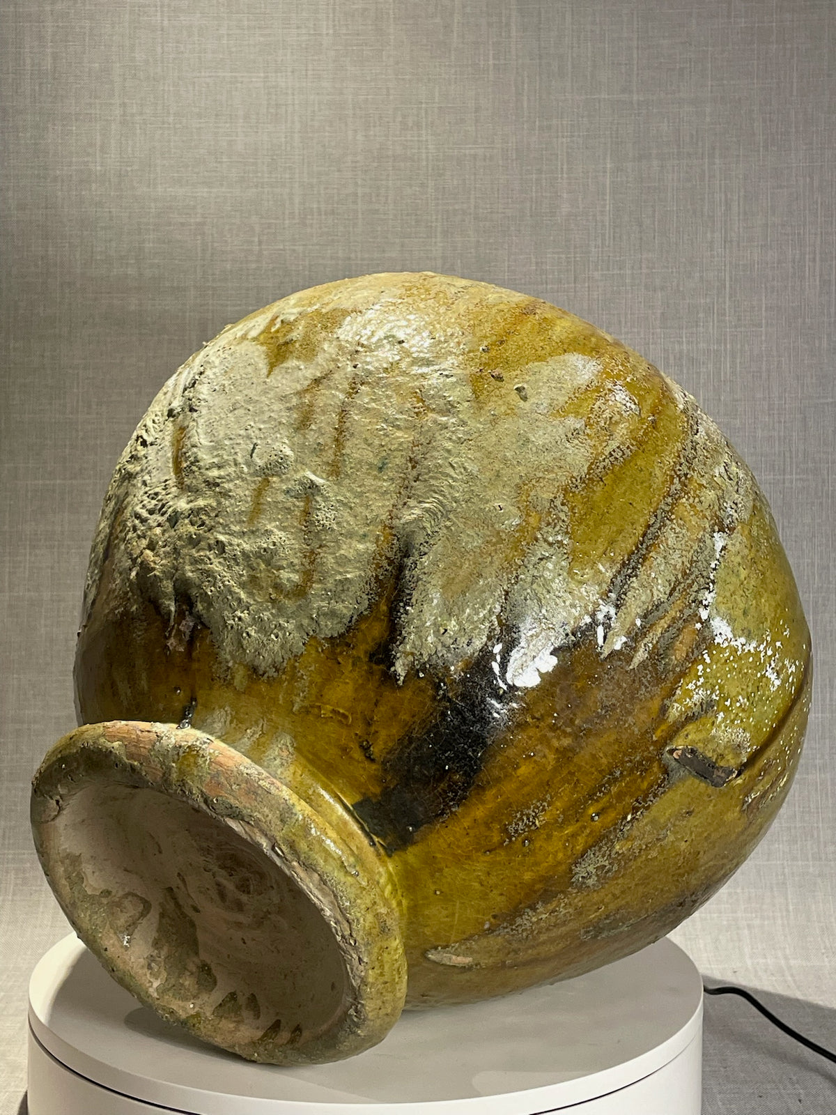 Antique Mediterranean Green and Ochre Glazed Terracotta Storage Jar with Natural Drip Glaze Patina
