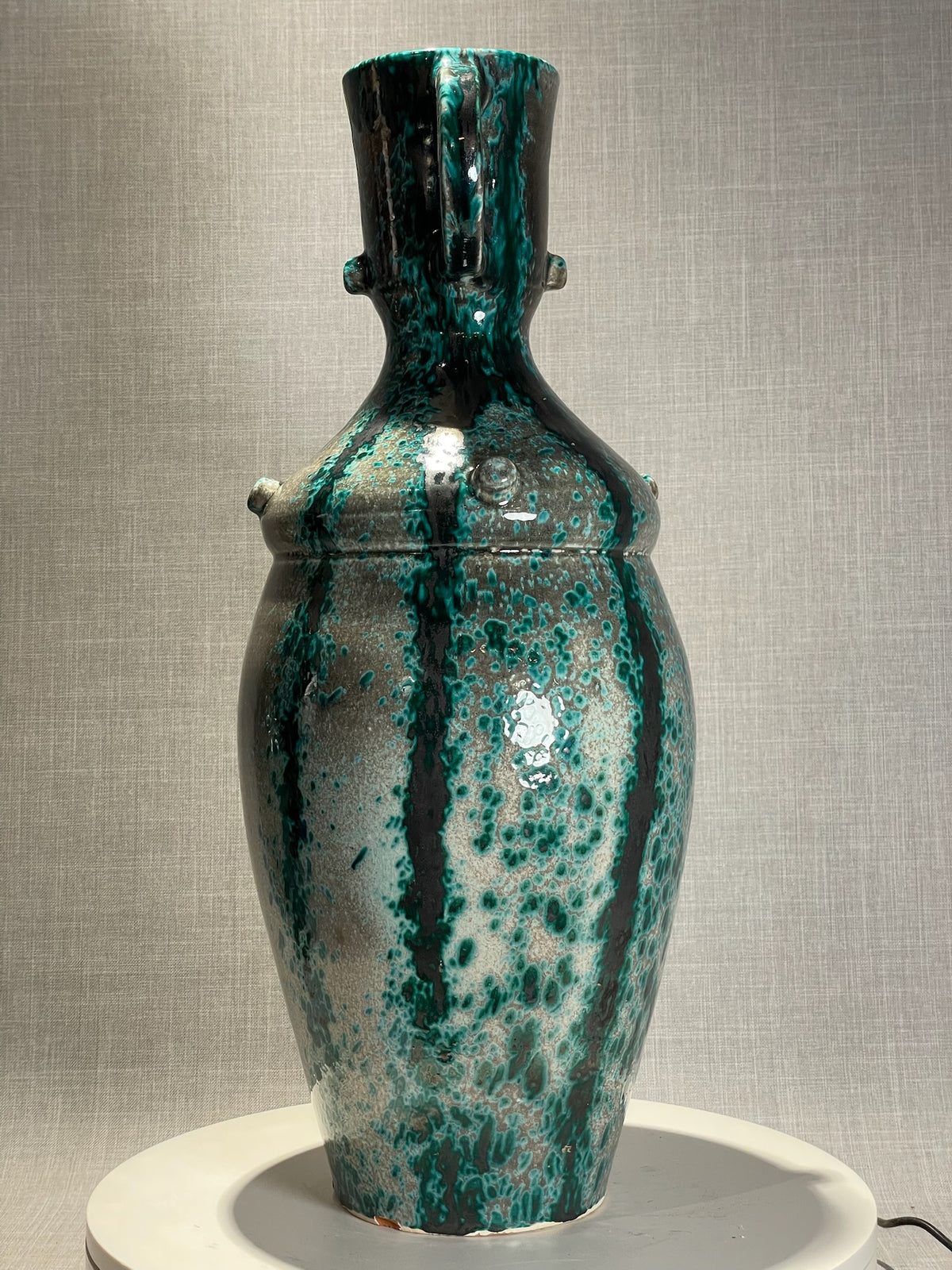 Mid-Century Modern Speckled Green and Black Glazed Terracotta Urn with Double Handles