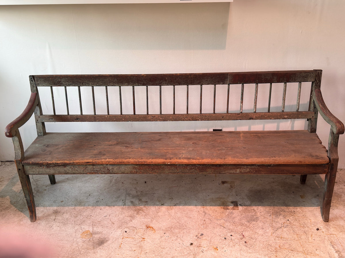 Antique European Painted Wood Slat-Back Bench with Arms – 19th Century Rustic