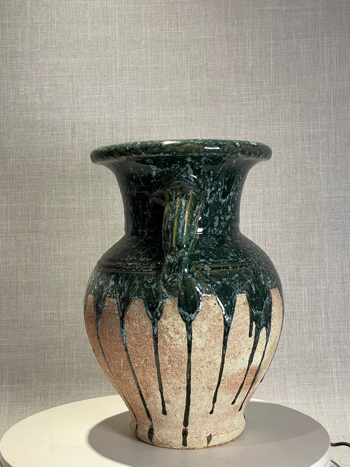 Vintage Glazed Terracotta Amphora Vase with Drip Glaze Detailing
