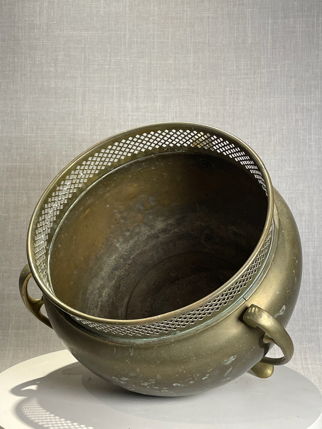 Antique Art Nouveau Brass Jardinière Planter with Pierced Gallery Rim and Stylized Handles