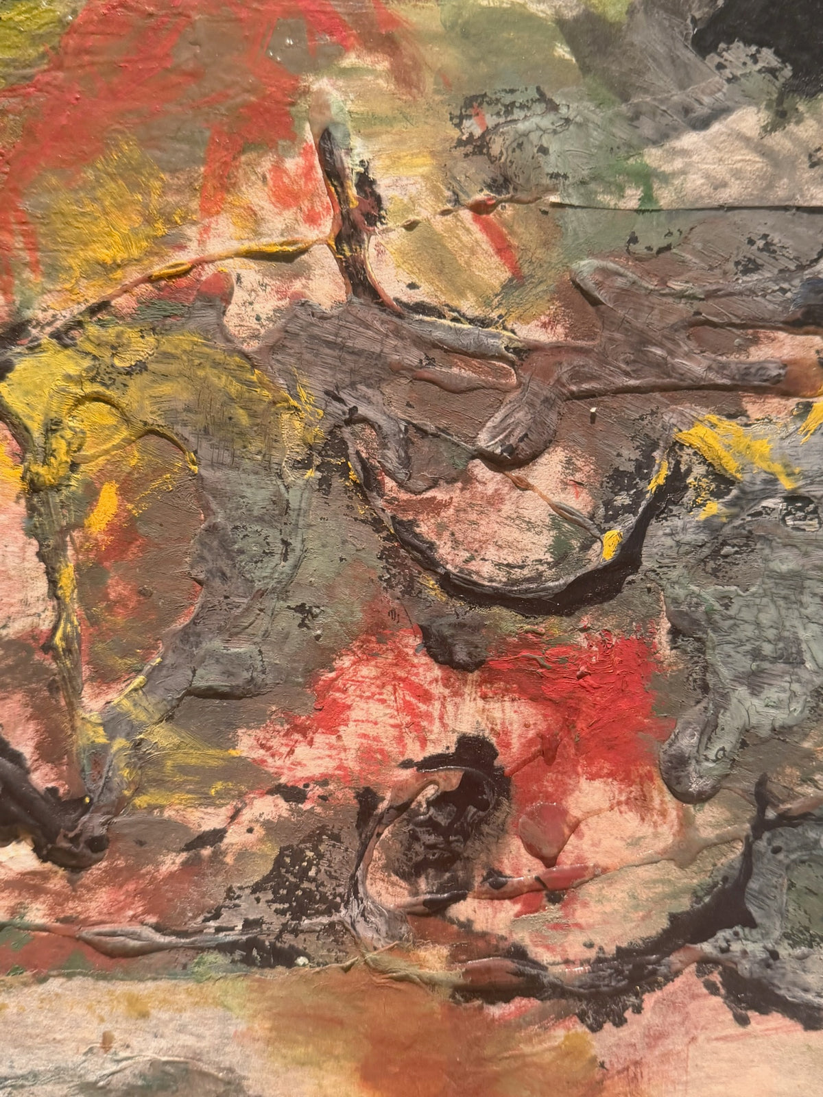 Earth-tone abstract mixed media artwork with textured surface