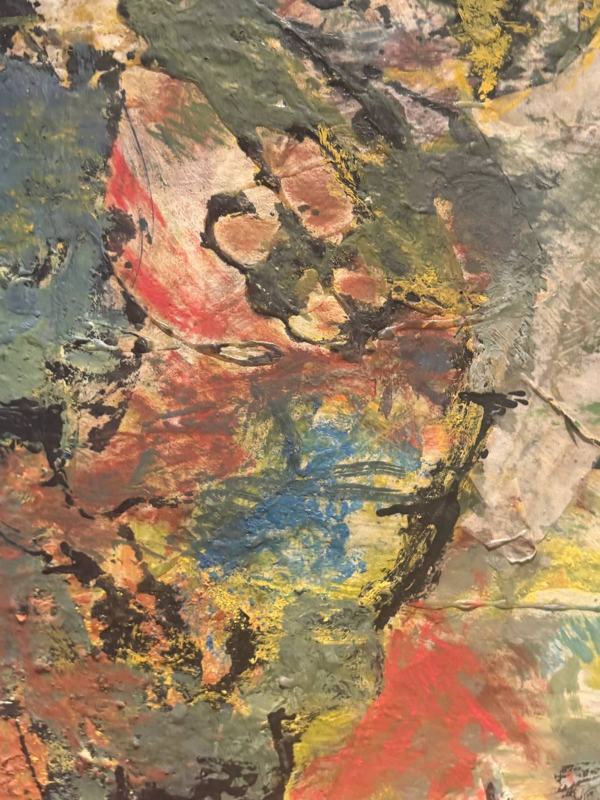 Mid-century abstract painting with heavy impasto and earth tones