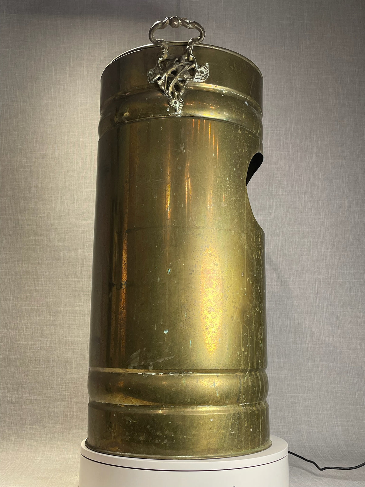 Vintage Brass Standing Trash Can with Ashtray Top and  with Ornate Handles and Aged Patina