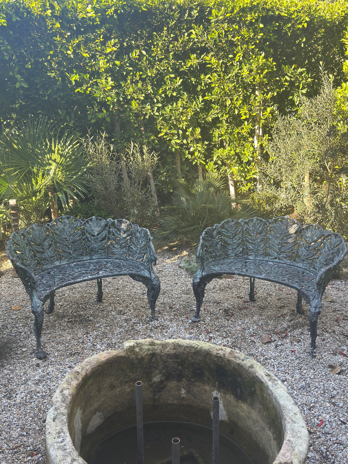 Pair of c.1890 Victorian Cast Iron Garden Benches with Sculptural Leaf Backrests