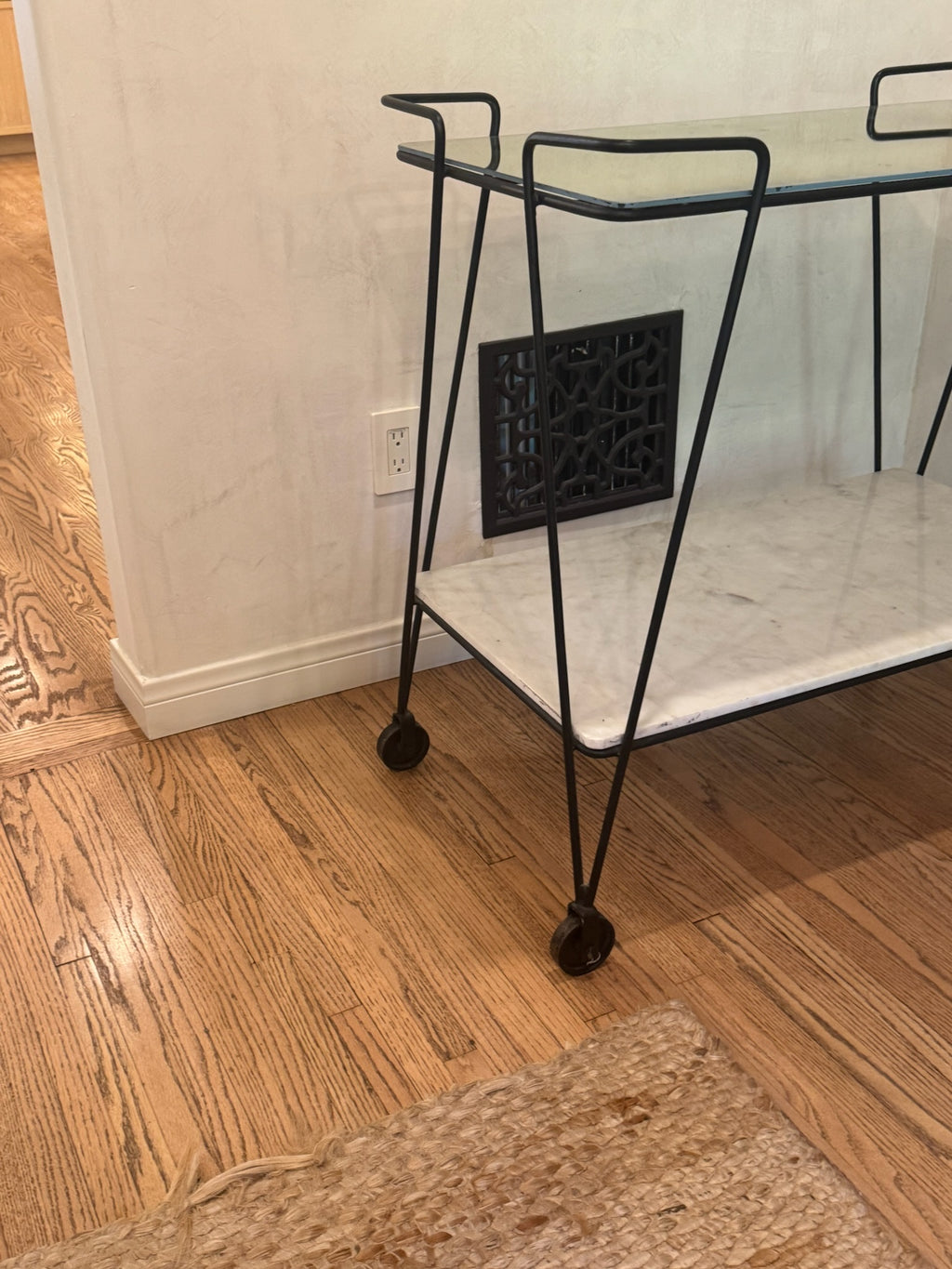 Arteriors “Myrtle” Bar Cart with Antiqued Mercury Glass Top & Carrara Marble