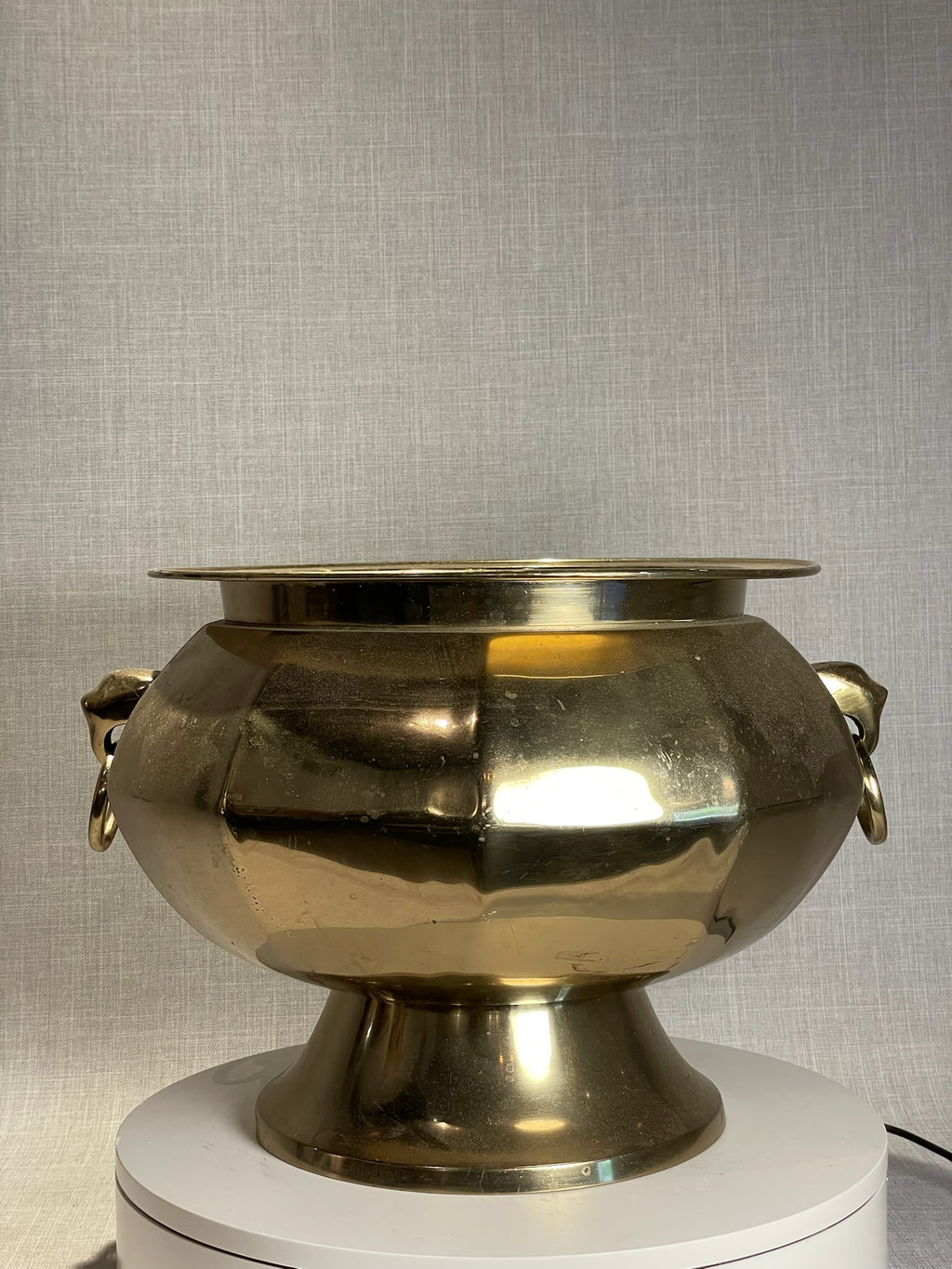 Large Vintage Brass Footed Jardinière with Stylized Ring Handles and Flared Rim