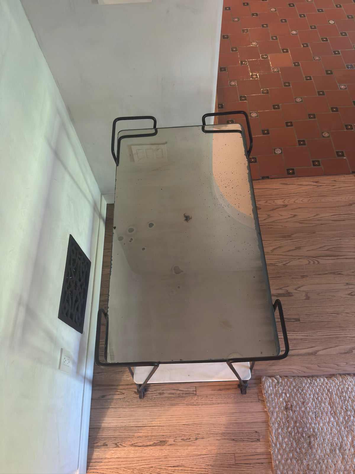 Arteriors “Myrtle” Bar Cart with Antiqued Mercury Glass Top & Carrara Marble
