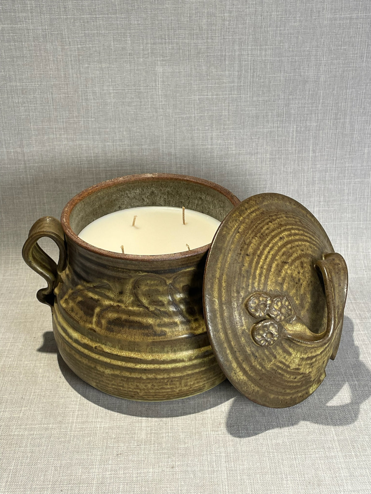 Huge Rustic Hearthstone Ceramic Candle – Handcrafted Double-Handled Lidded Pot