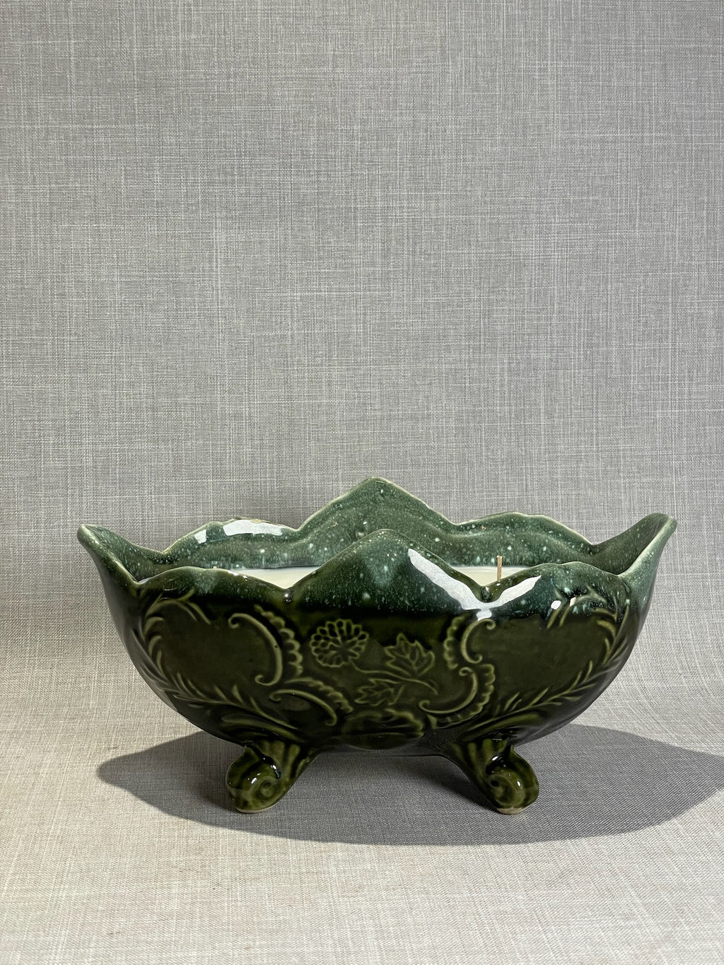 Enchanted Forest Ceramic Bowl Candle – Hand-Poured Triple Wick in Vintage Green