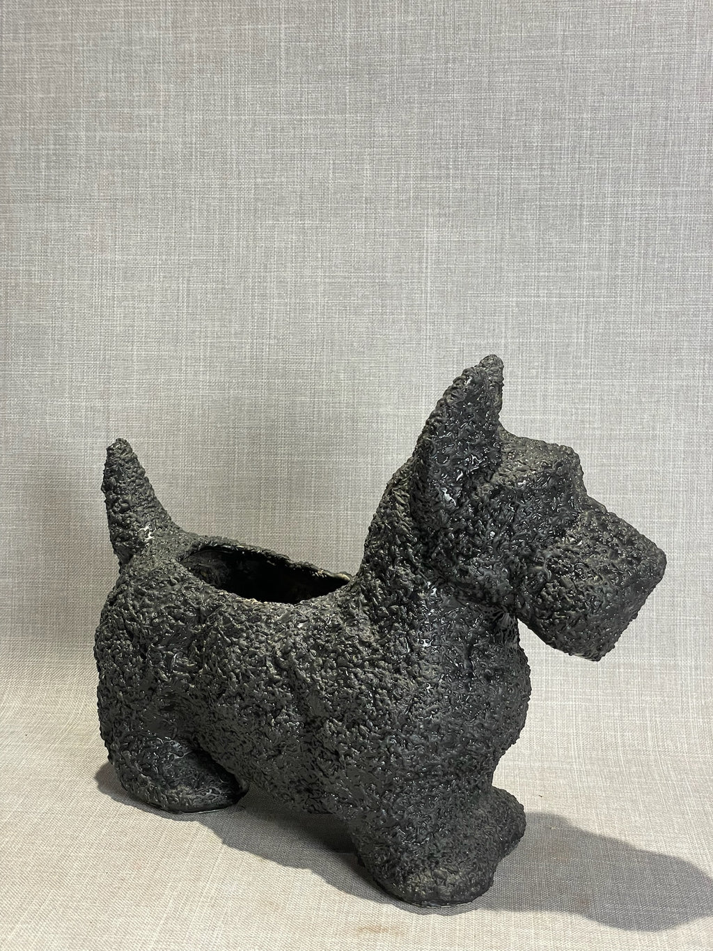 Vintage Black Ceramic Scottie Dog Planter with Textured Coat Finish