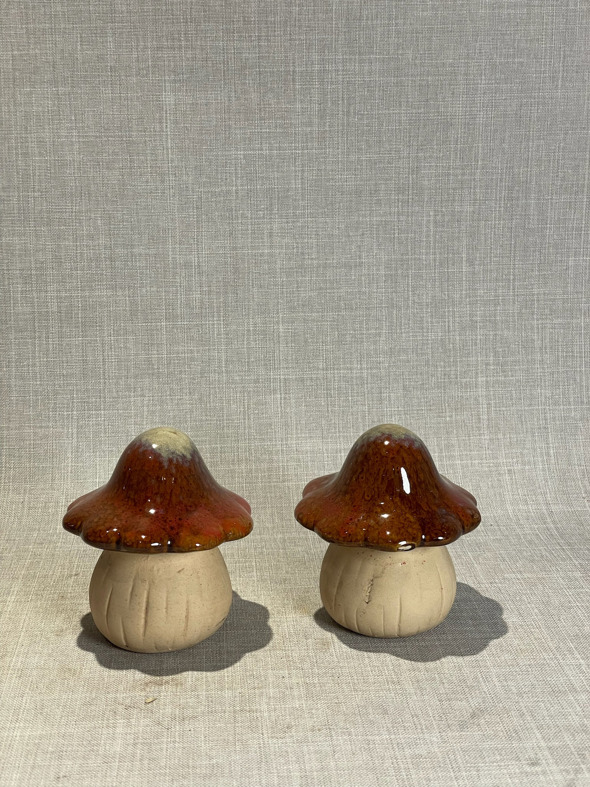 Vintage Style Ceramic Mushroom Sculpture Set – Brown Drip Glaze Cottagecore Decor