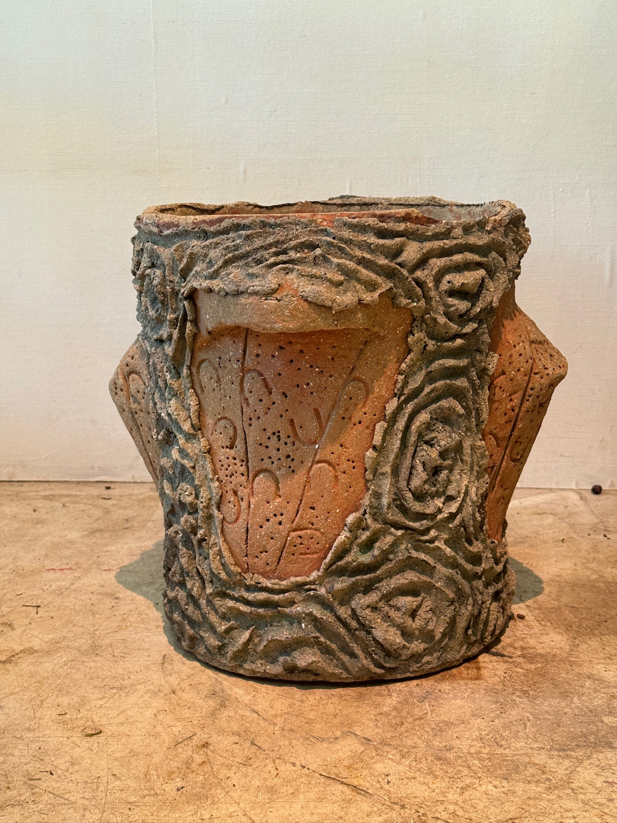 Vintage Faux Bois Pottery Planter with Sculptural Incised Terracotta Panels