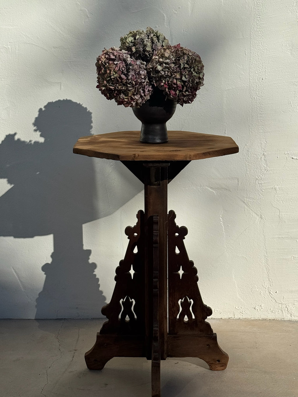 Antique Hand-Carved Gothic Revival Wooden Pedestal Side Table Late 19th Century