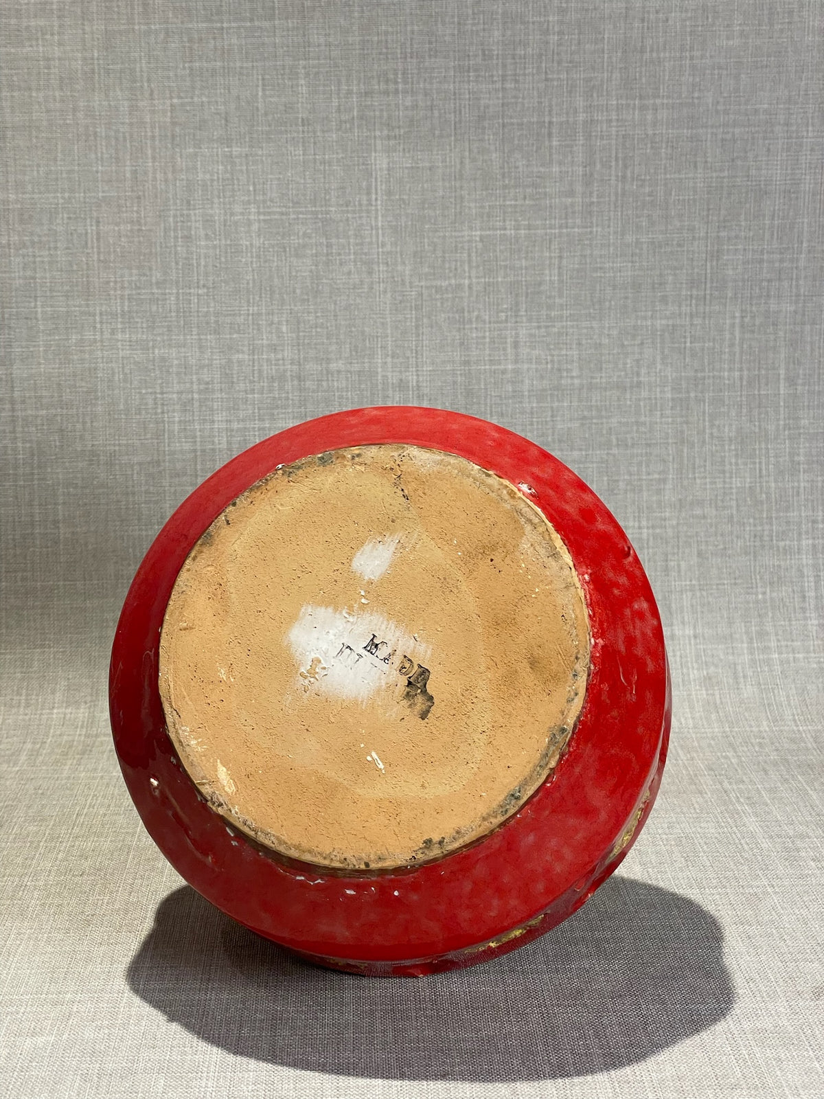 Mid-Century Modern Red Glazed Ceramic Vase with Embossed Gold Medallions