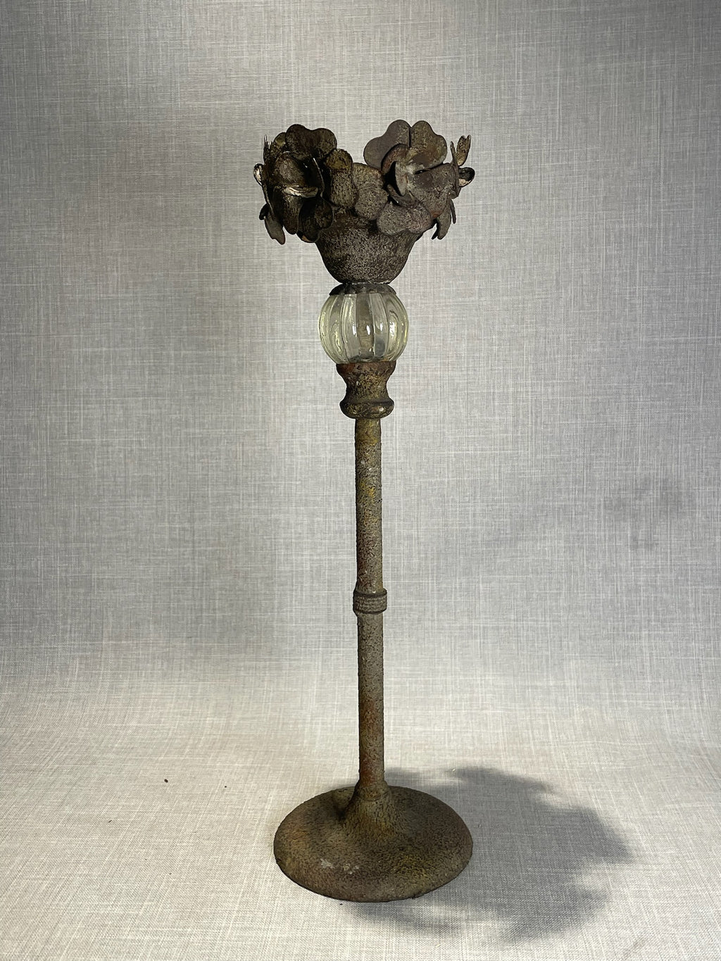Vintage Iron and Glass Floral Pedestal Candle Holder – Rustic Botanical Centerpiece