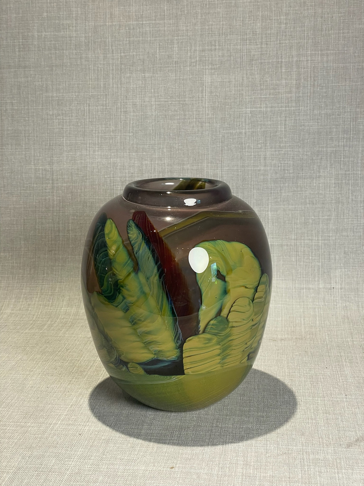 Hand-Blown Studio Art Glass Vase with Abstract Green Feathered Swirl Design