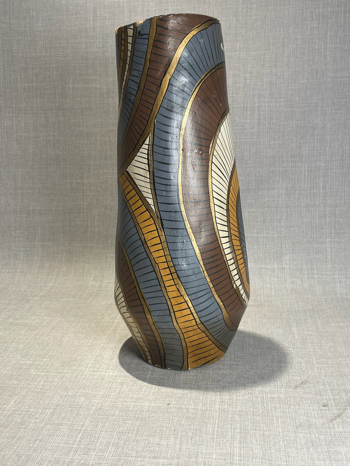 Mid-Century Hand-Painted African-Style Carved Wooden Vase with Geometric Tribal Motifs