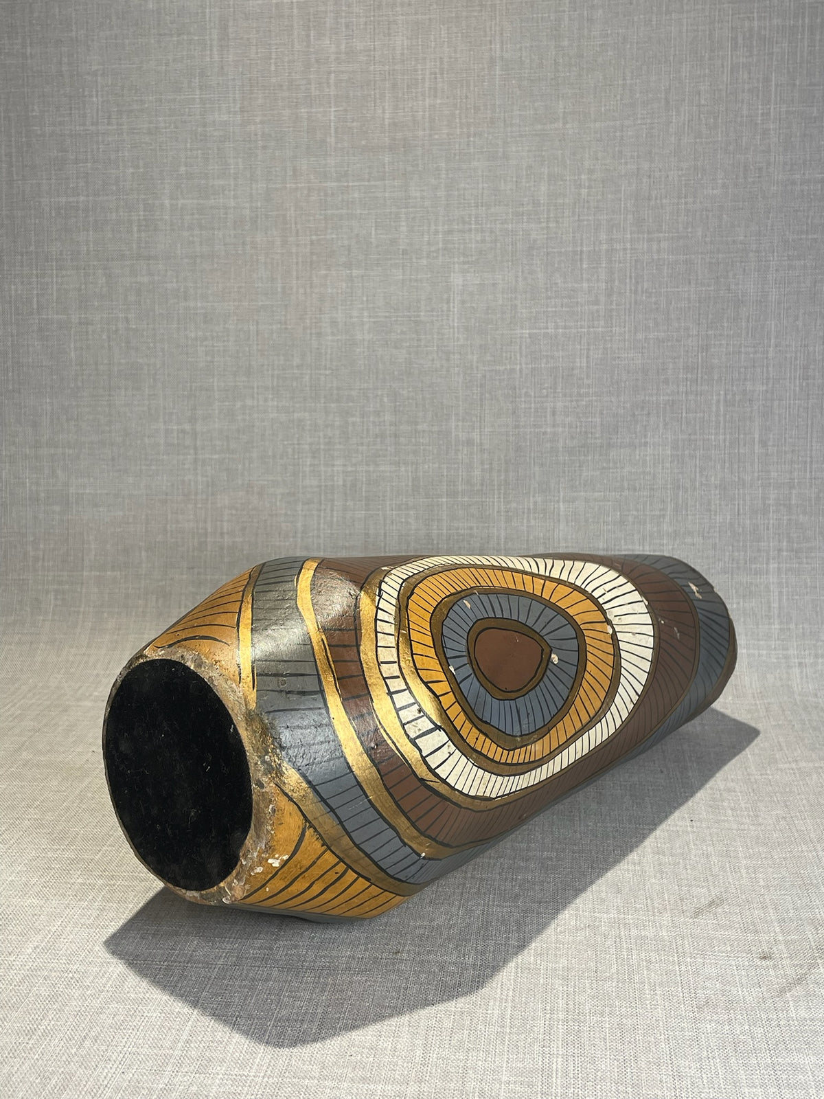 Mid-Century Hand-Painted African-Style Carved Wooden Vase with Geometric Tribal Motifs