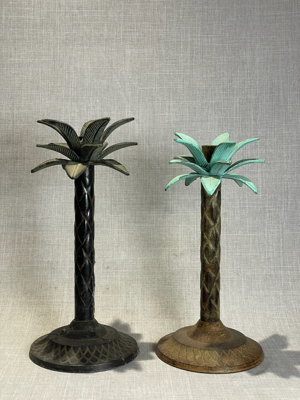 Vintage Palm Tree Metal Candlesticks – Set of 3 Tropical Brutalist Candle Holders