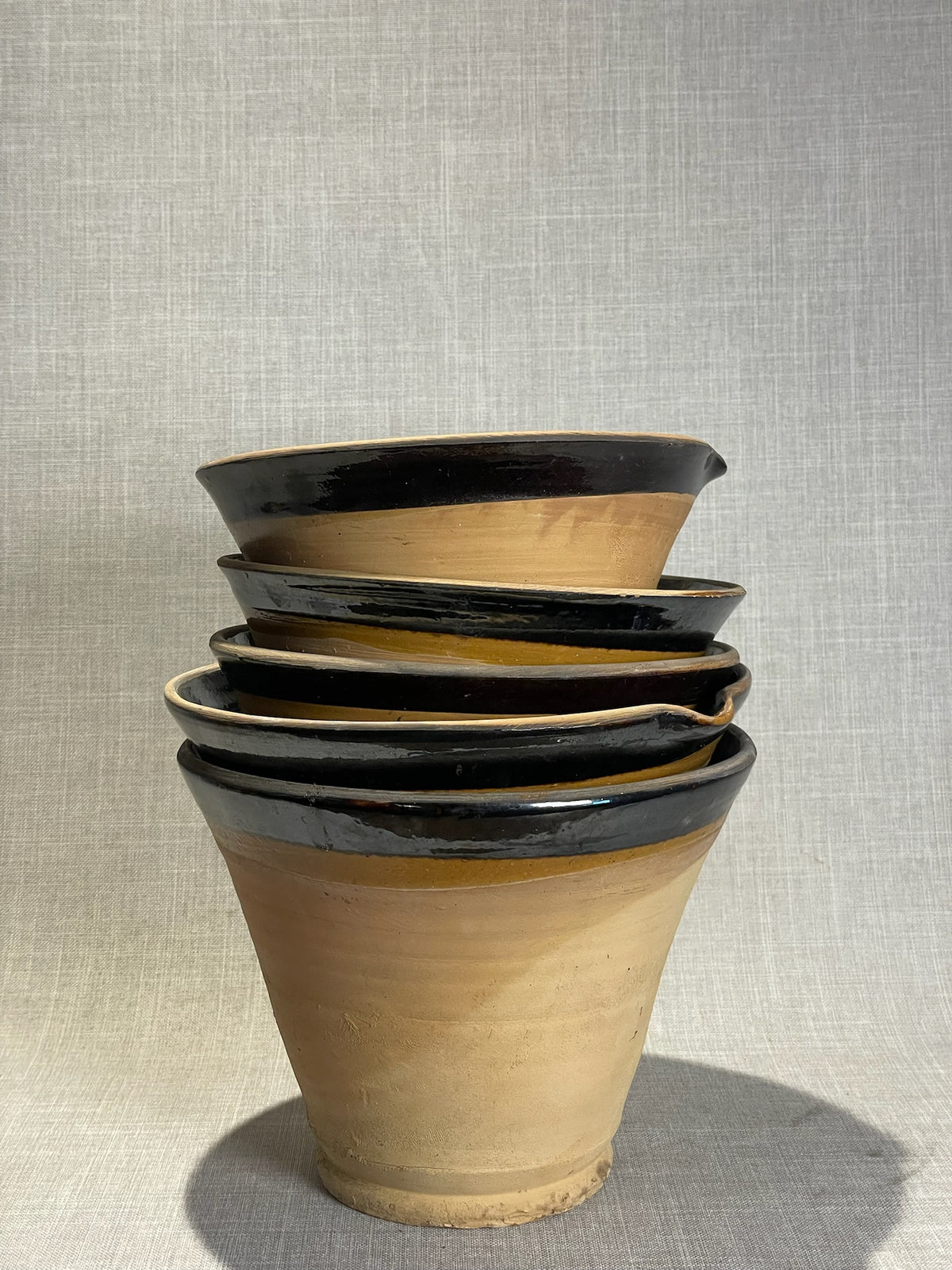 Rustic French Hand-Thrown Terracotta Pots with High-Gloss Black Interior Glaze – Vintage Artisan Pottery