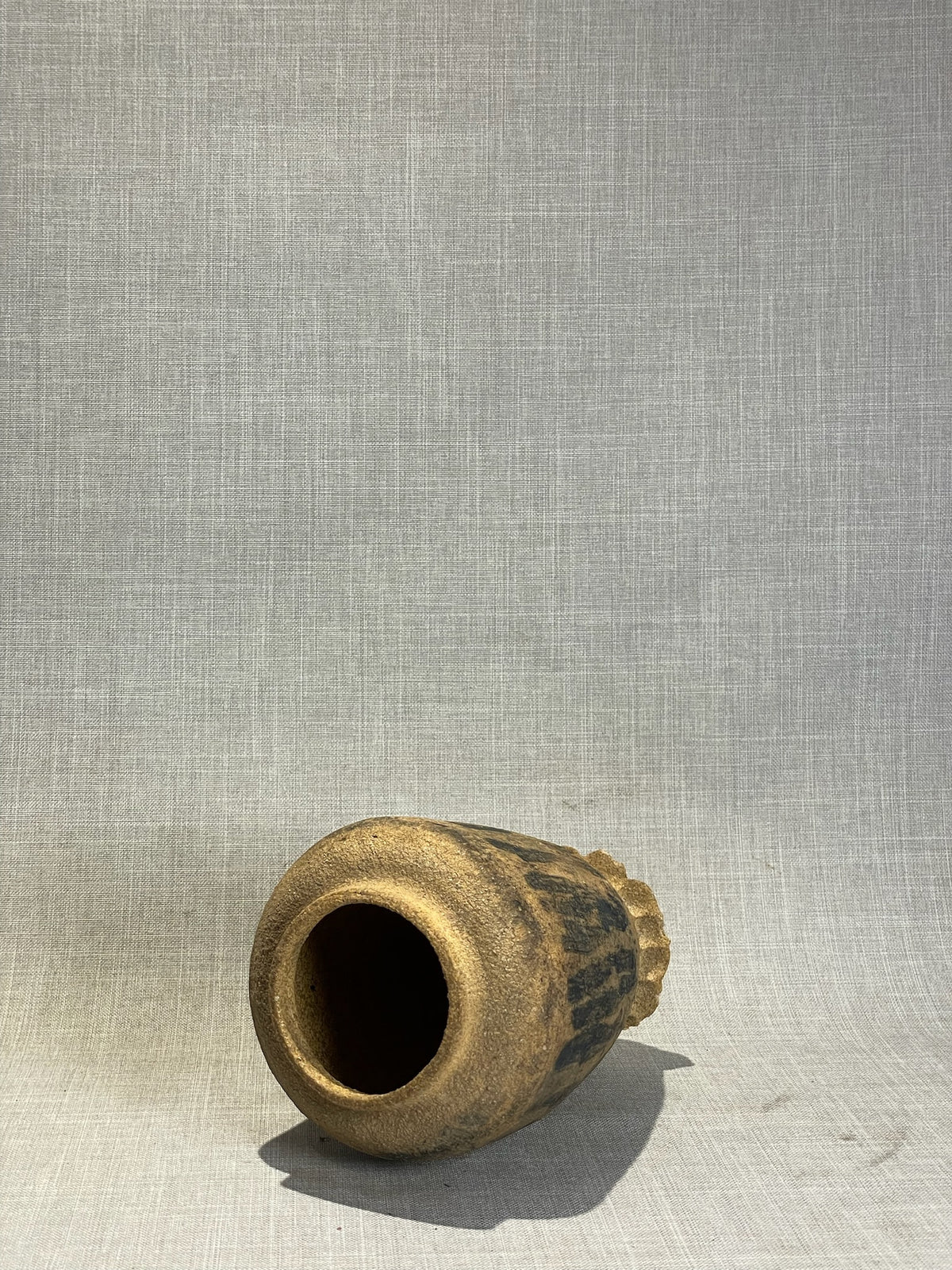 Signed Studio Art Pottery Earthenware Vase with Charcoal Drip Glaze and Thumbprint Base