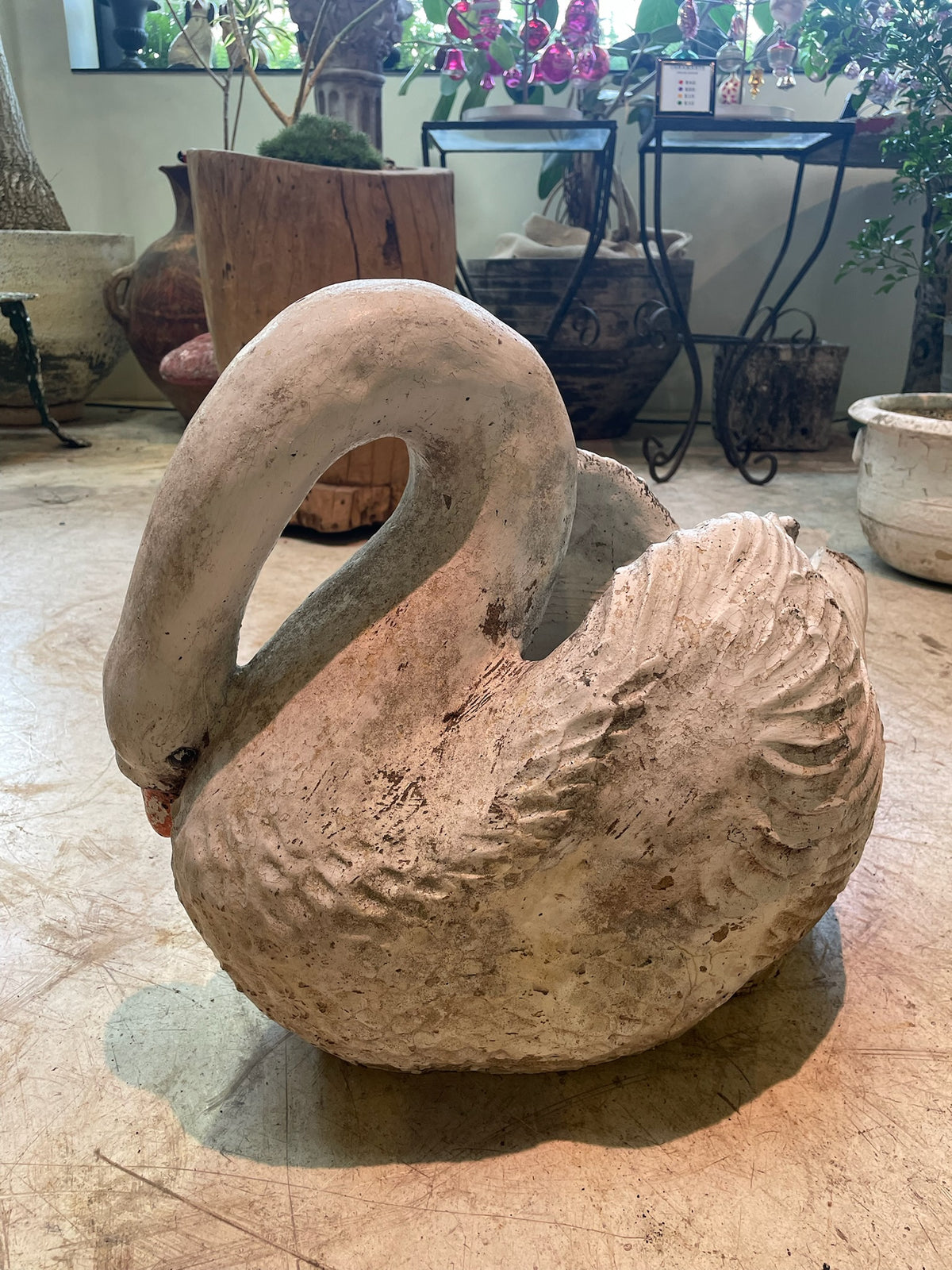 Large Vintage Concrete Swan Garden Planter with Aged White Patina