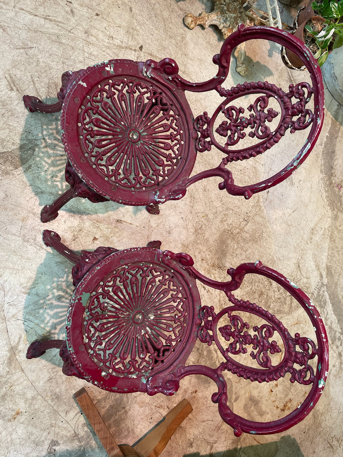Pair of Antique Victorian Cast Iron Garden Chairs with Pierced Medallion Backs