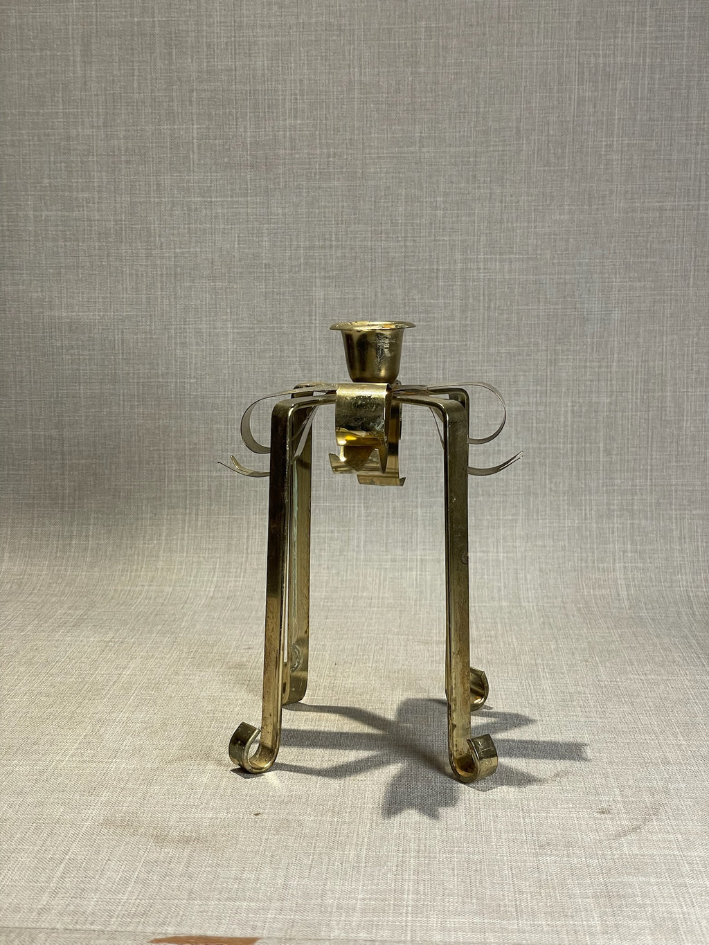 Vintage Brass Ribbon Bow Single Taper Candle Holder on Scroll Legs