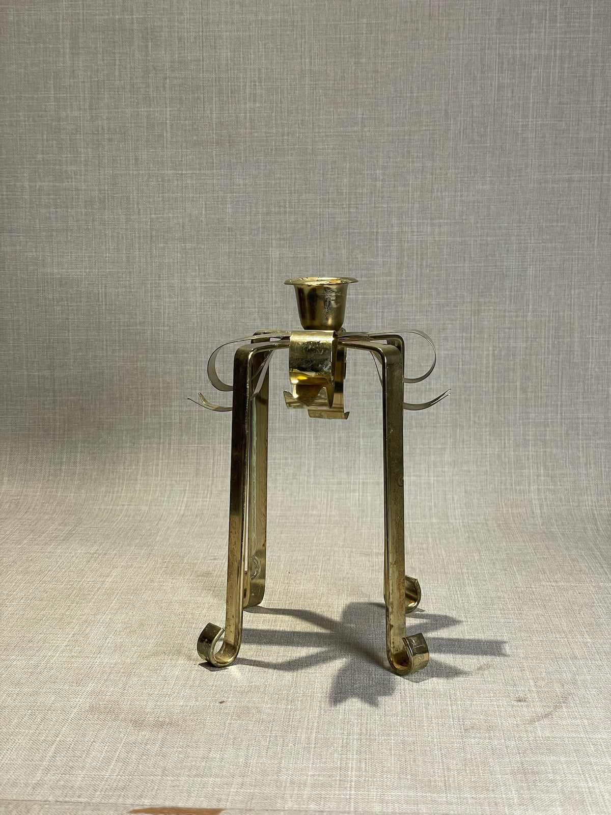 Vintage Brass Ribbon Bow Single Taper Candle Holder on Scroll Legs