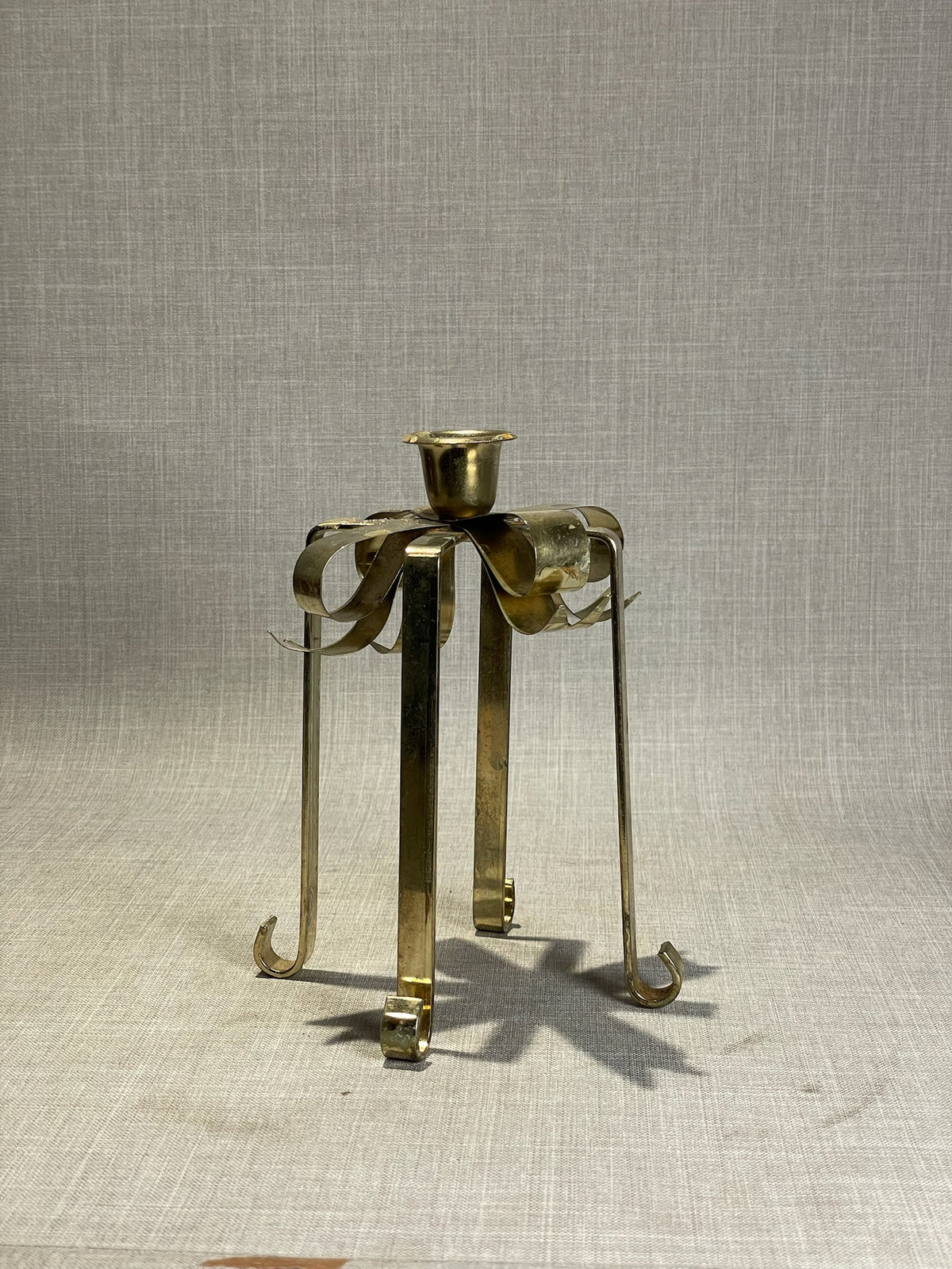 Vintage Brass Ribbon Bow Single Taper Candle Holder on Scroll Legs