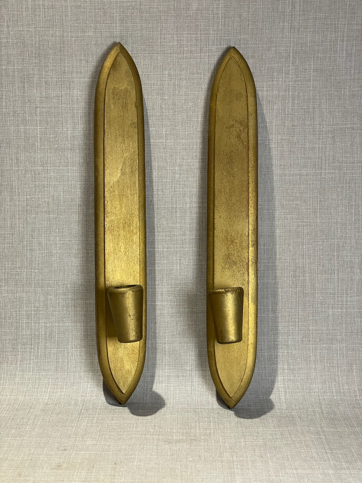 Pair of Vintage Gold Wall Candle Holders in Elongated Shield Form