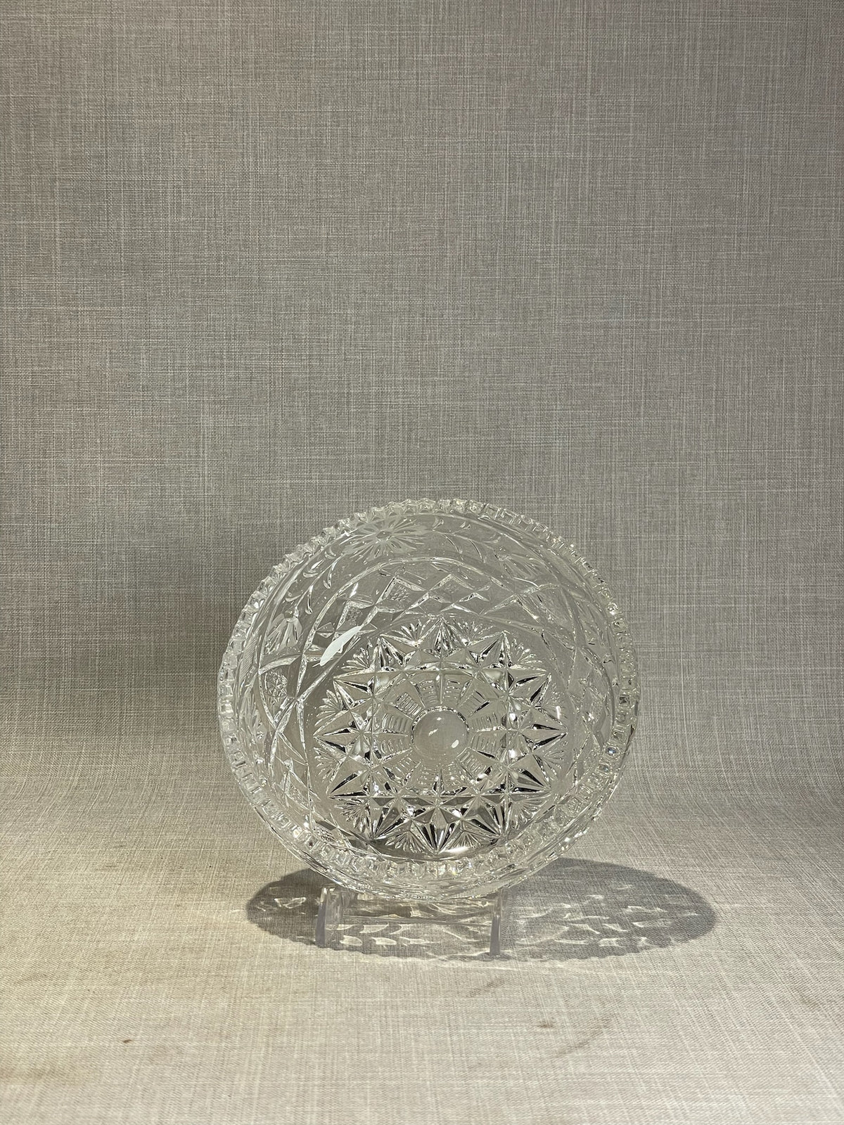 clear glass serving bowl with floral and geometric design