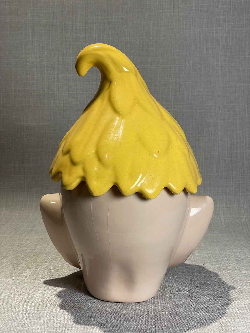 Charming Mid-Century Whimsical Pixie Elf Head Cookie Jar with Curled Yellow Cap Lid