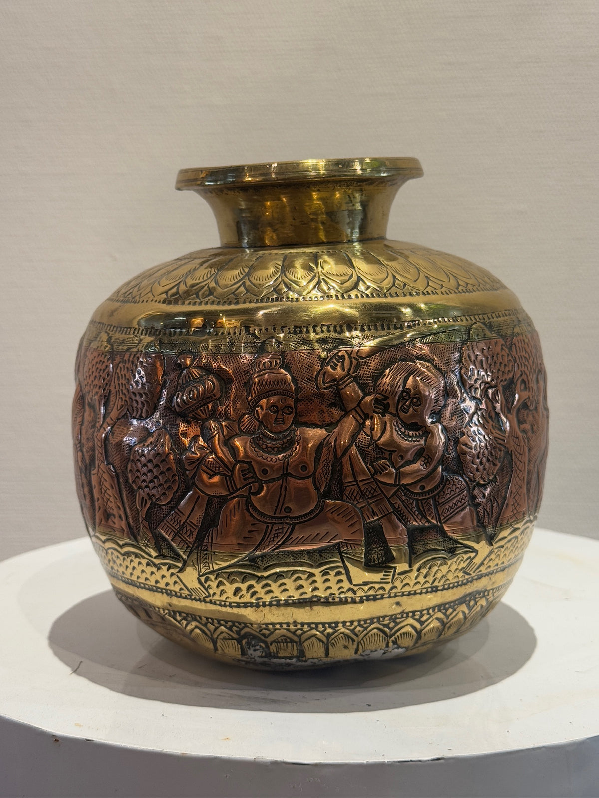 19th Century Indian Brass & Copper Ritual Vessel with Hand-Etched Hindu Deities showcasing intricate etchings. hommes + gardens estudio.