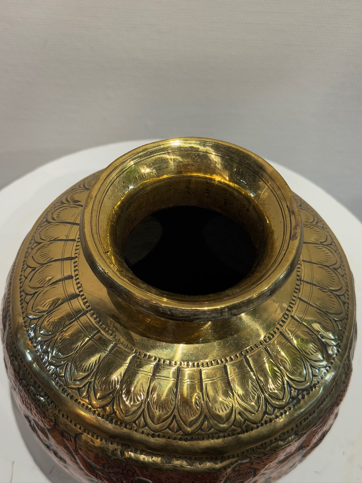 19th Century Indian Brass & Copper Ritual Vessel with Hand-Etched Hindu Deities top view showcasing intricate design details hommes + gardens estudio.