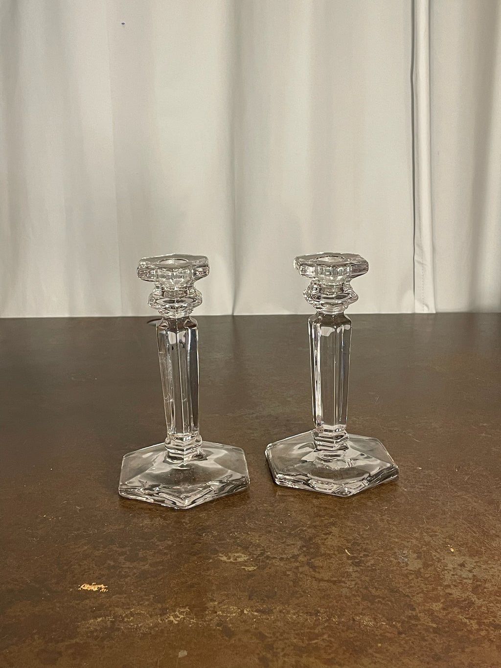 Vintage Clear Pressed Glass Hexagonal Candlestick Pair – Faceted Column Design