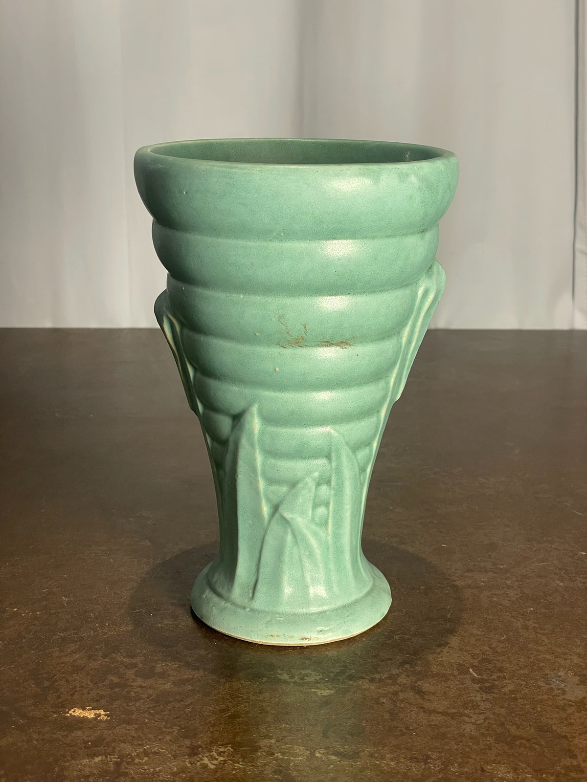 Brush McCoy Mid-Century Modern Green Matte Ribbed Ceramic Vase with Leaf Relief