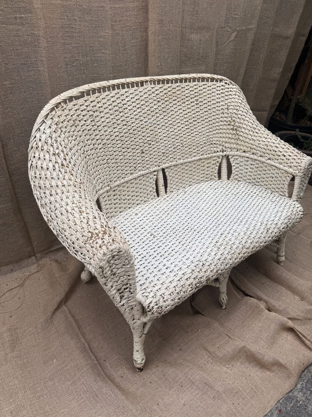 Mid-century white wicker seating set with aged painted finish