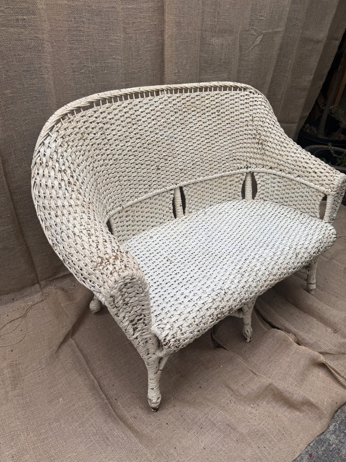 Mid-century white wicker seating set with aged painted finish