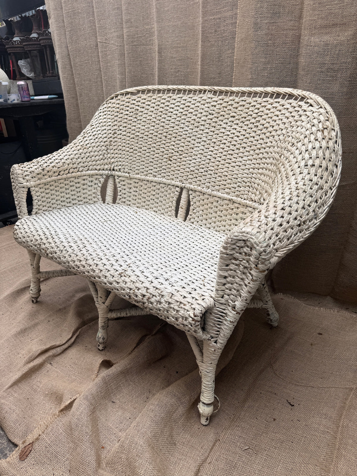 Mid-century white wicker seating set with aged painted finish