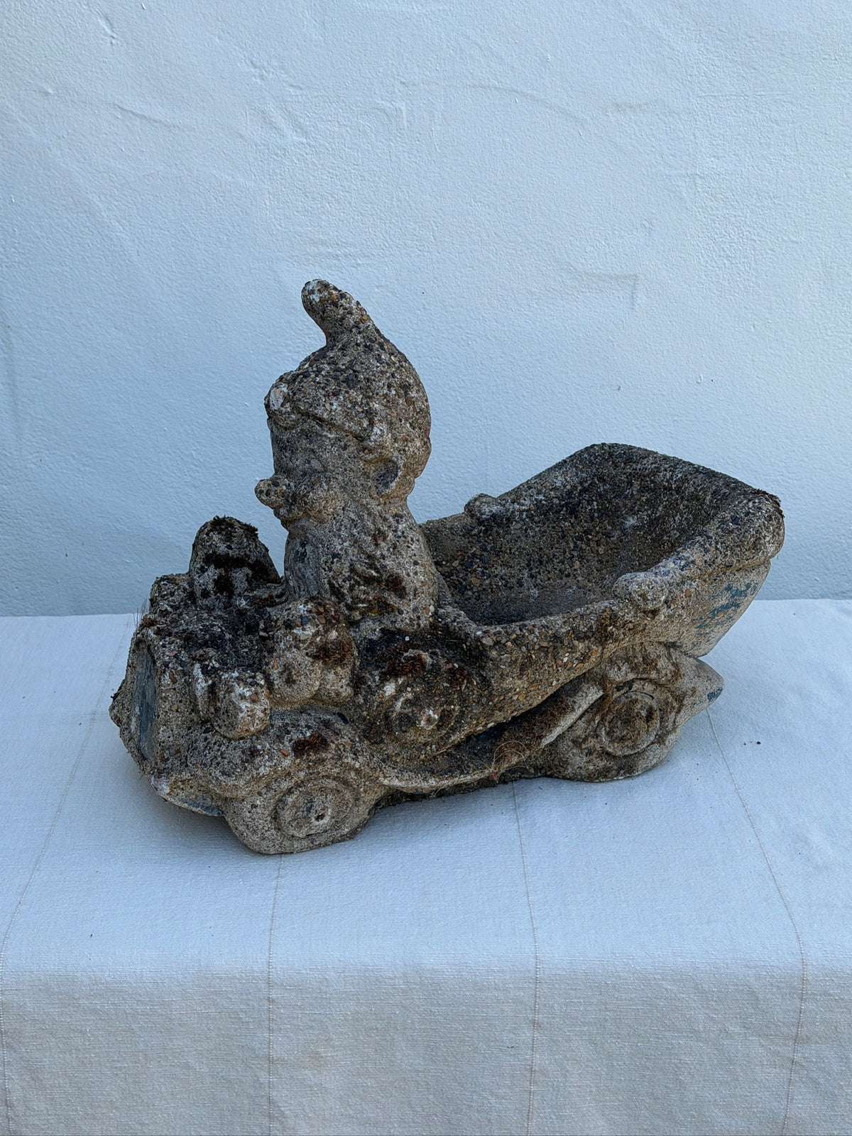 1960s Concrete Garden Gnome Driving Wheelbarrow with Rustic Pebble Finish