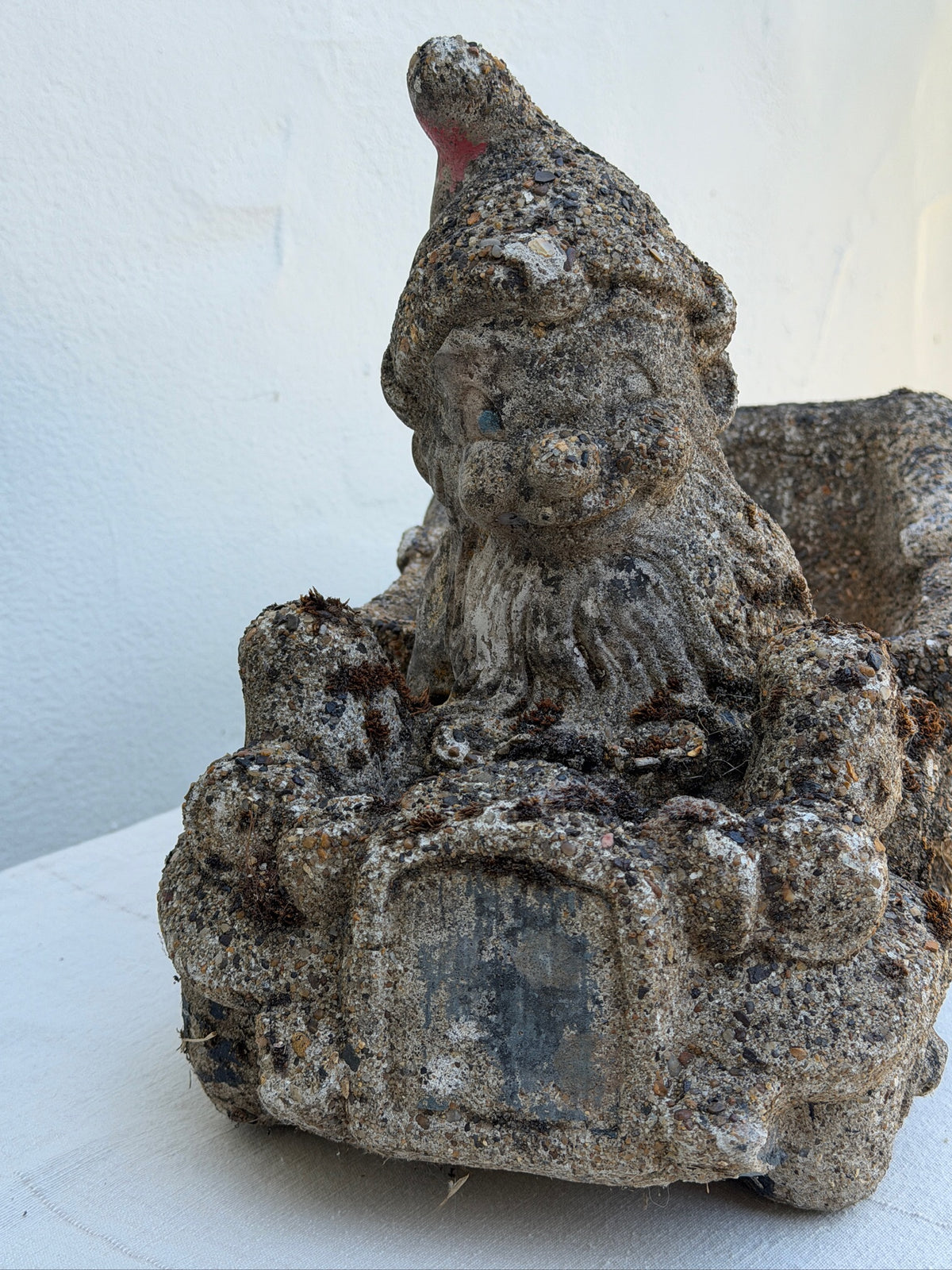 Front view of whimsical concrete garden gnome driving a wheelbarrow planter, circa 1960s — Hommes and Gardens, Fauna Collection, Pots + Planters Collection, Home Decor, Landscape Architect, Interior Designer, Outdoor Decorations, Garden Design, Home Design, Luxury Design, Art, Objects, Best Gifts, Nature, Backyard, Yard.