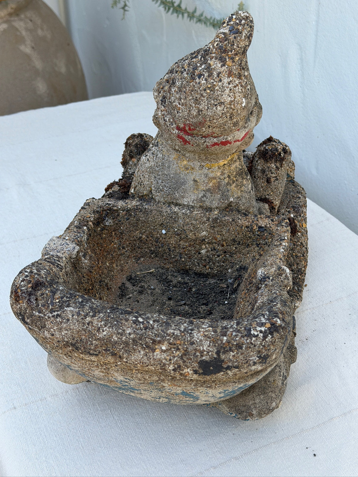 1960s Concrete Garden Gnome Driving Wheelbarrow with Rustic Pebble Finish