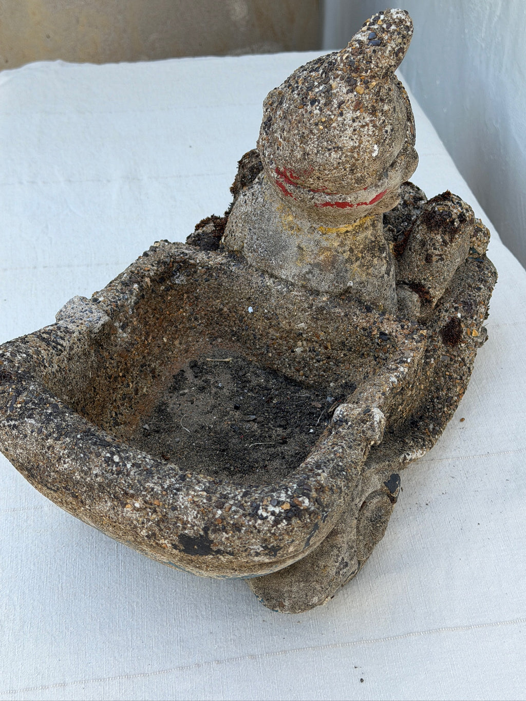 Back view of whimsical concrete garden gnome driving a wheelbarrow planter, circa 1960s — Hommes and Gardens, Fauna Collection, Pots + Planters Collection, Home Decor, Landscape Architect, Interior Designer, Outdoor Decorations, Garden Design, Home Design, Luxury Design, Art, Objects, Best Gifts, Nature, Backyard, Yard.