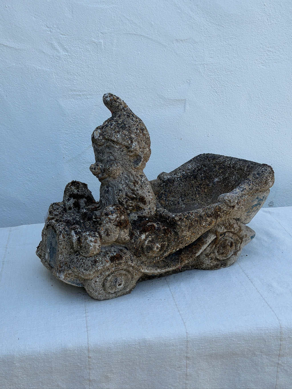 1960s Concrete Garden Gnome Driving Wheelbarrow with Rustic Pebble Finish