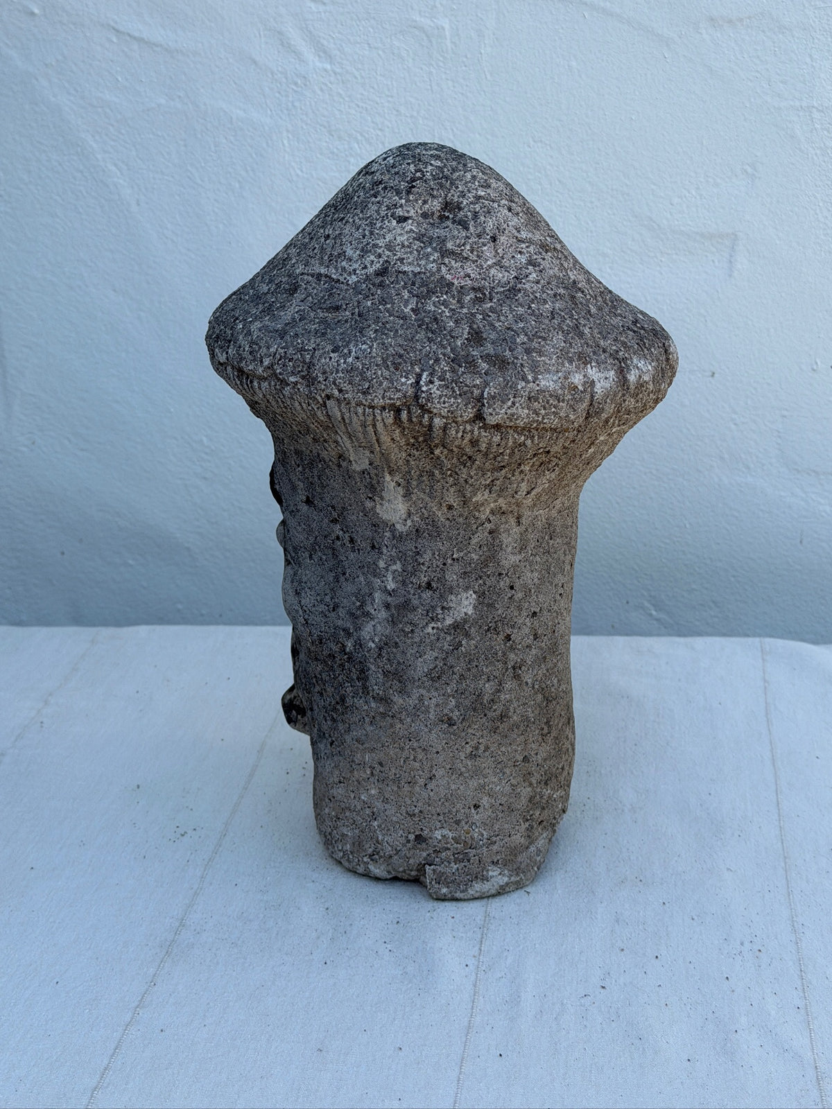 Vintage Concrete Mushroom Face Garden Statue with Rustic Weathered Patina