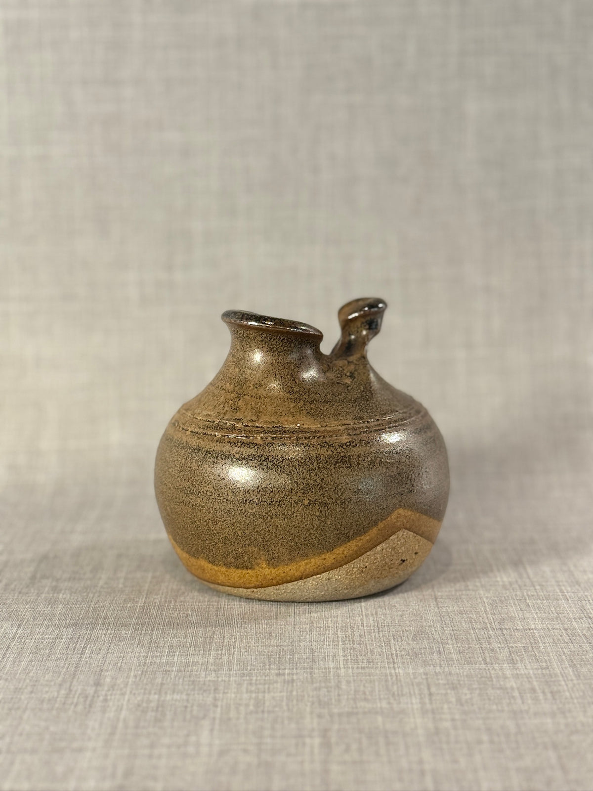 Vintage Handcrafted Studio Pottery Double-Spouted Vessel in Textured Earth-Toned Glaze
