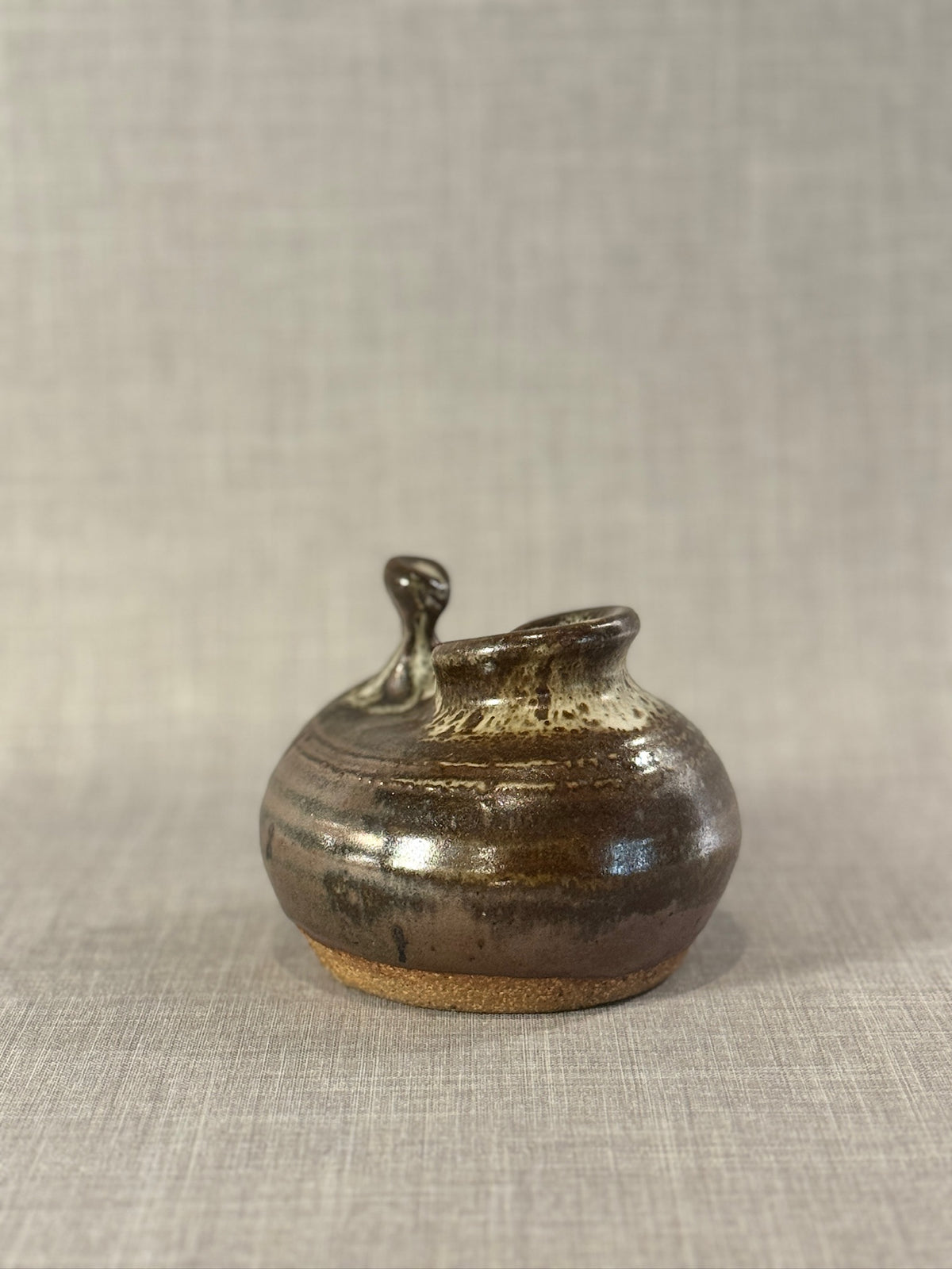 Organic Modern Studio Pottery Sculpture Vessel with Dual Spouts and Earthy Glaze